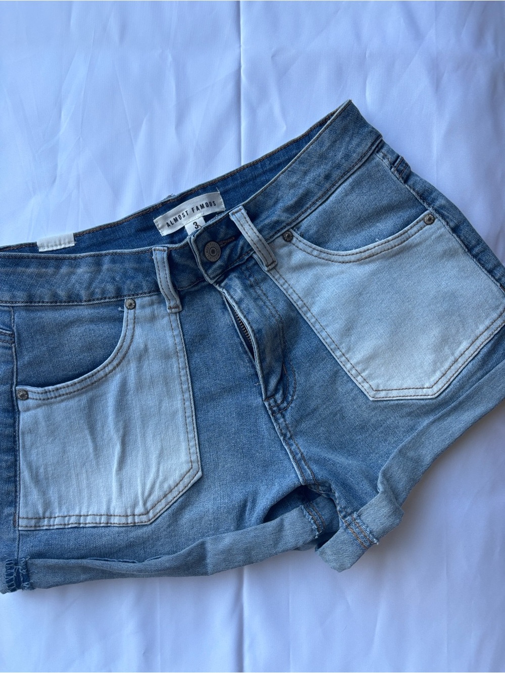 Almost Famous Denim Shorts Size 3 Cuffed Two Tone Patch Pocket Blue Jean Shorts